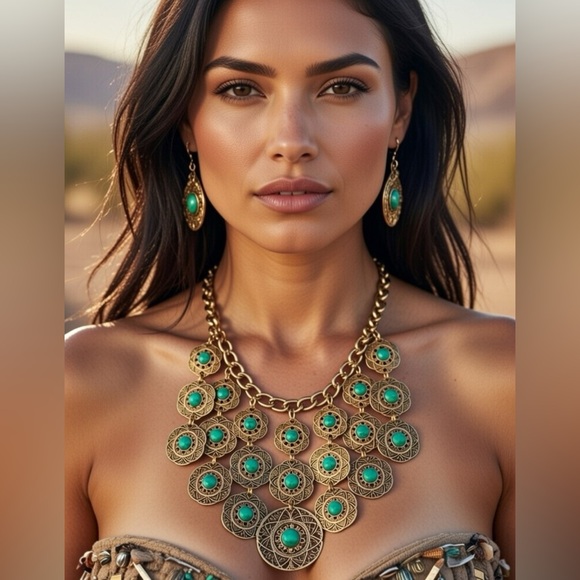 Handmade Jewelry - Vintage Tribal Statement Faux Turquoise Bib Necklace, adjustable up to 20”